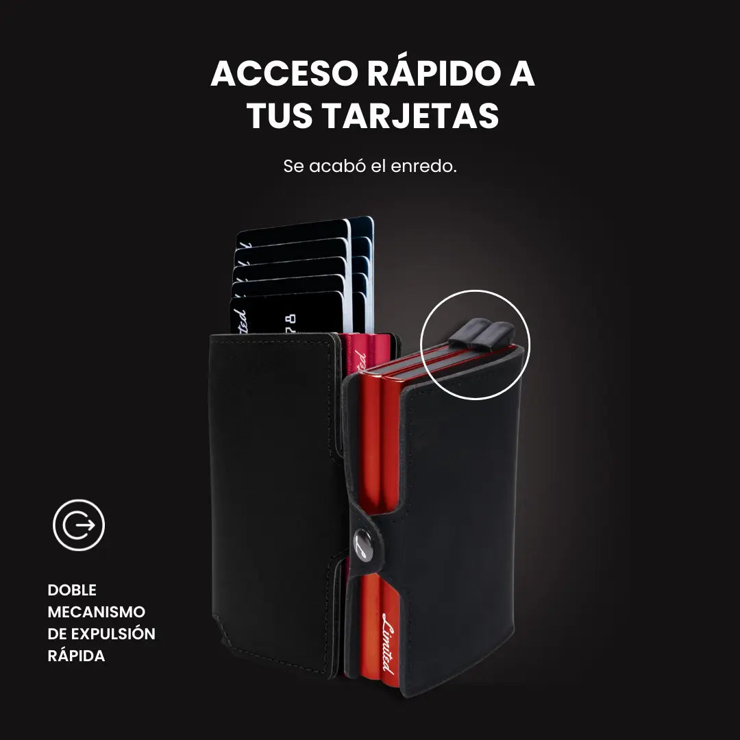 Billetera DOUBLE LIMITED de doble compartimiento con mecanismos de eyección, protección RFID, diseño resistente y espacio para tarjetas y billetes.
