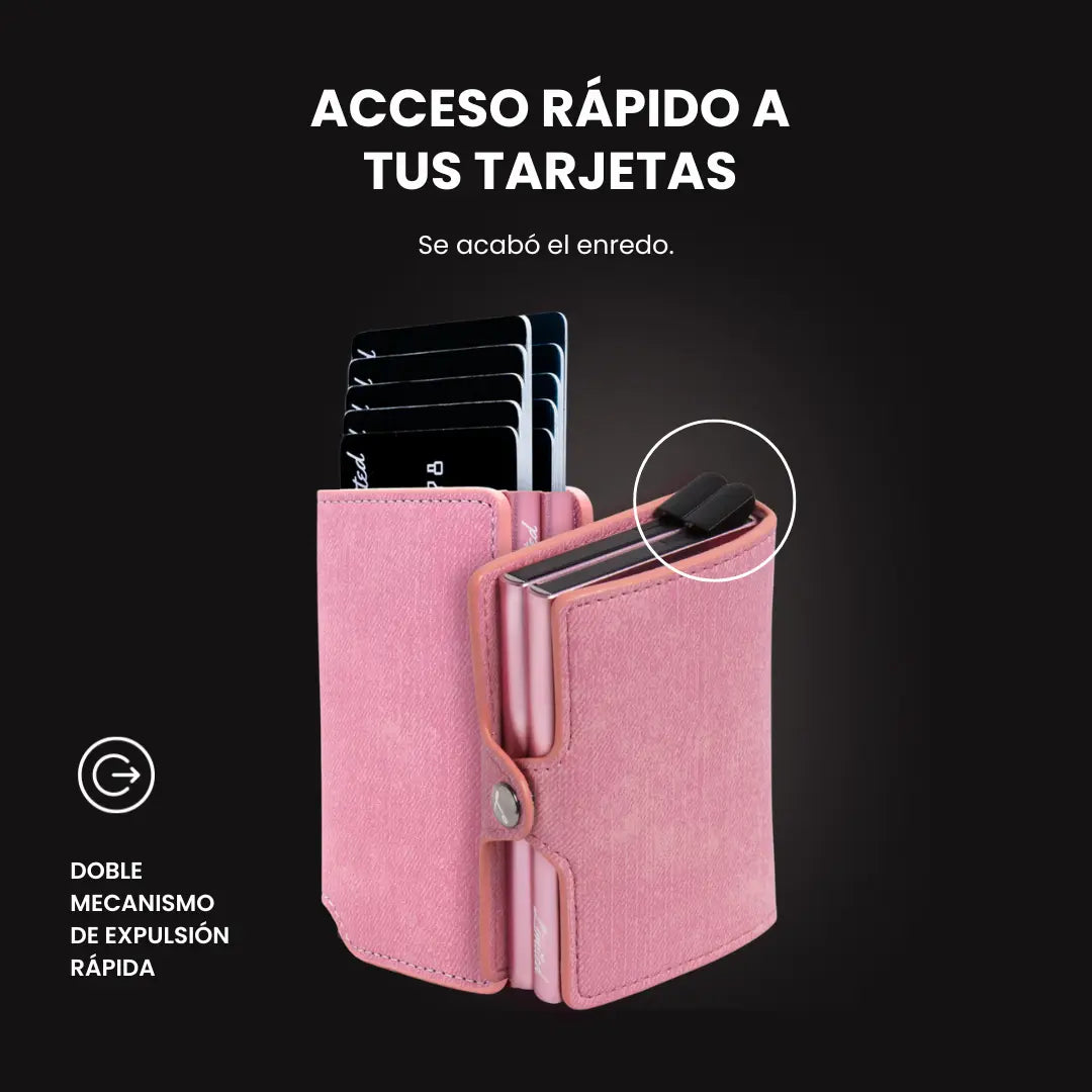Billetera DOUBLE LIMITED de doble compartimiento con mecanismos de eyección, protección RFID, diseño resistente y espacio para tarjetas y billetes.