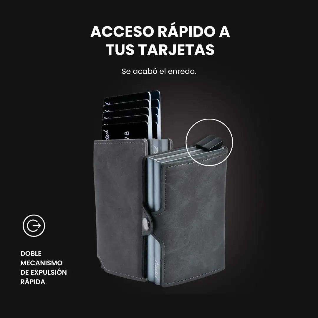Billetera DOUBLE LIMITED de doble compartimiento con mecanismos de eyección, protección RFID, diseño resistente y espacio para tarjetas y billetes.