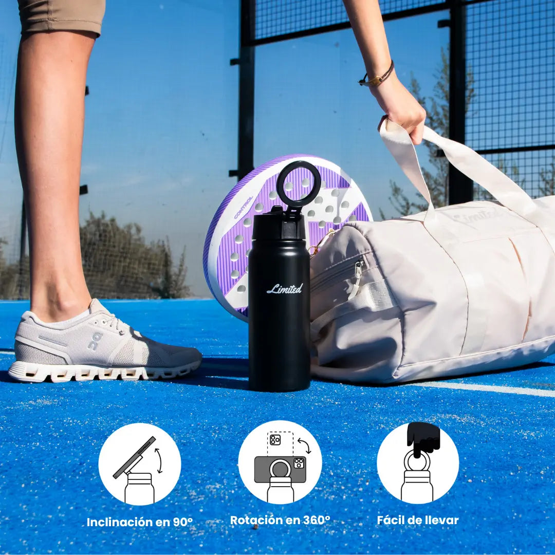 Botella MagSafe LIMITED con sistema magnético para llevar el celular adherido, diseño ergonómico, capacidad de 600ml, doble pared térmica y color mate elegante.