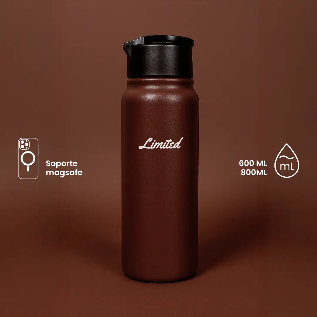 Botella MagSafe LIMITED con sistema magnético para llevar el celular adherido, diseño ergonómico, capacidad de 600ml, doble pared térmica y color mate elegante.