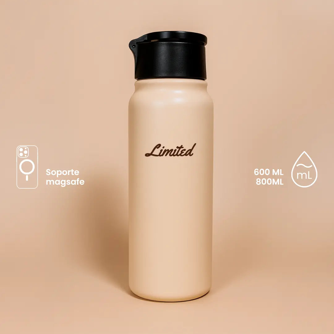 Botella MagSafe LIMITED con sistema magnético para llevar el celular adherido, diseño ergonómico, capacidad de 600ml, doble pared térmica y color mate elegante.