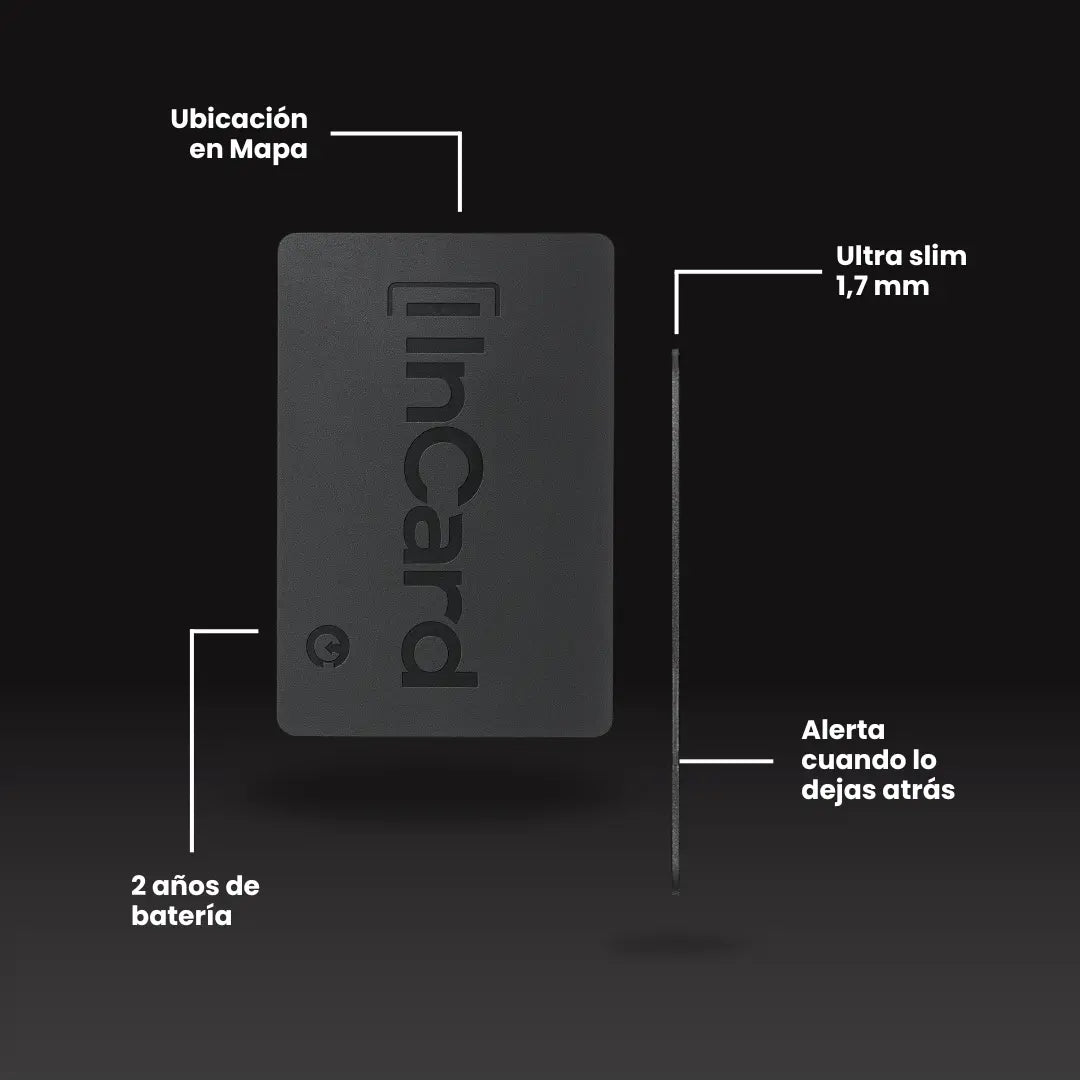 Tarjeta localizadora para billetera LIMITED con sistema de alerta por proximidad, notificaciones cuando te alejas y función antirrobo para evitar pérdidas.