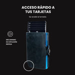 Billetera Slim blue LIMITED de diseño minimalista, color azul , con mecanismo de eyección para tarjetas, protección RFID y compartimento para billetes.

