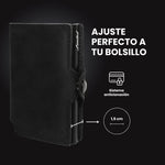 Billetera Slim Black LIMITED de diseño minimalista, color negro, con mecanismo de eyección para tarjetas, protección RFID y compartimento para billetes.

