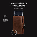 Billetera Slim Leather Collection LIMITED de cuero real color café, con mecanismo de eyección, protección RFID y diseño minimalista para hombre.