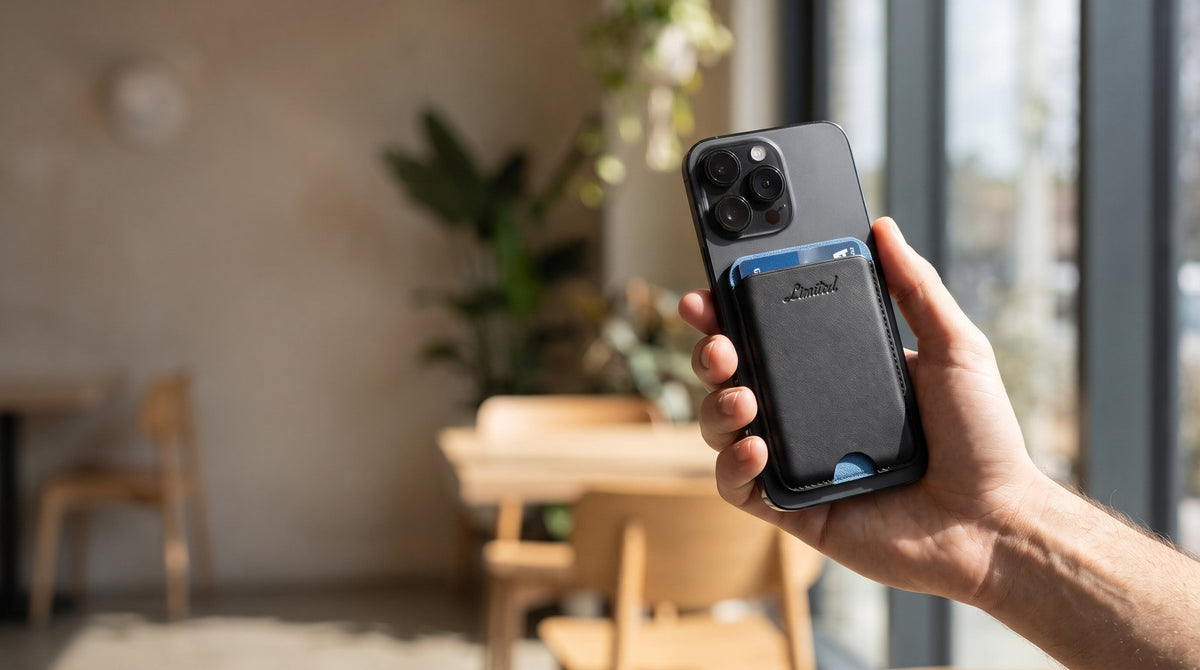 Tokio Phone Wallet MagSafe pegada a un iPhone